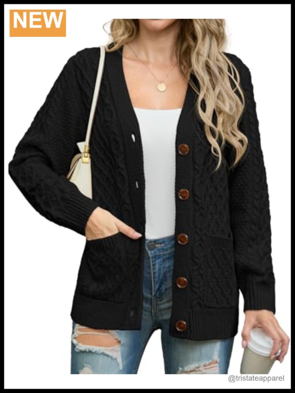 Women's Chunky Cable Knit Cardigan Sweater with Pockets V-Neck